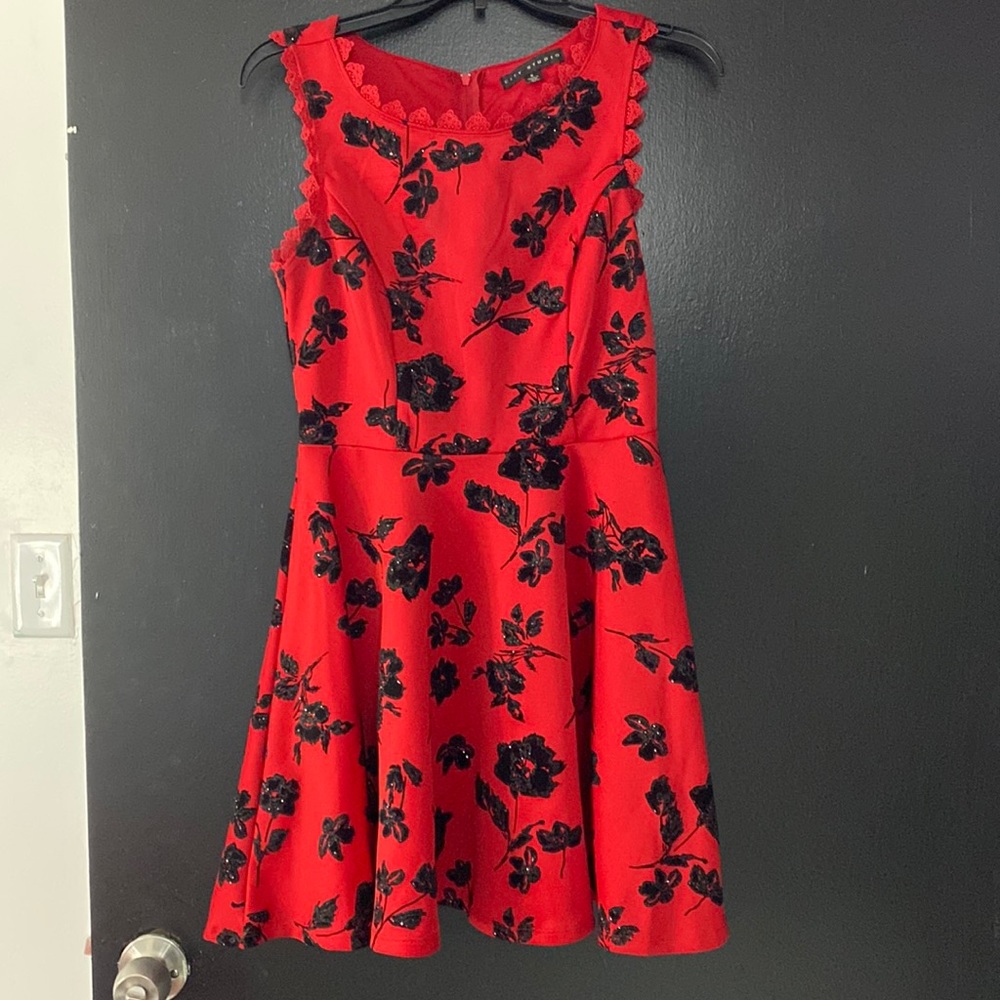 Red and black glittery floral homecoming dress